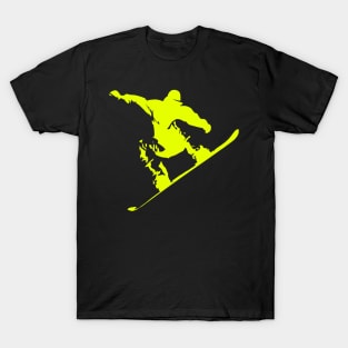 Snowboarding Neon Yellow Boarder on Black T-Shirt